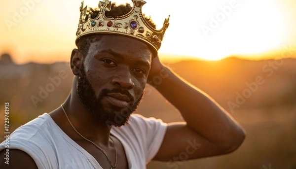 Obraz A young man with a crown, hand behind head, sunset backdrop