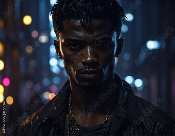 Obraz A young man with a serious expression, framed against a blurry city night background