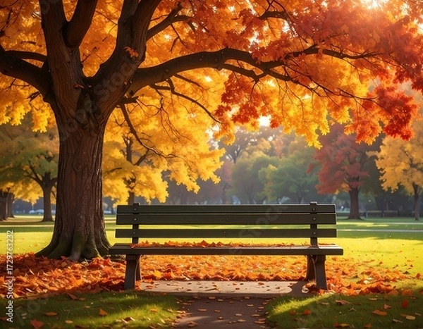 Obraz Autumn park scene with bench under colorful trees