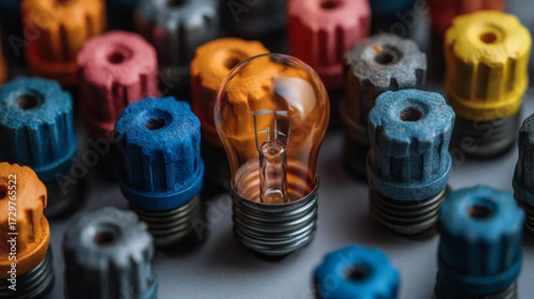 Obraz Colorful lightbulb among similar bulbs