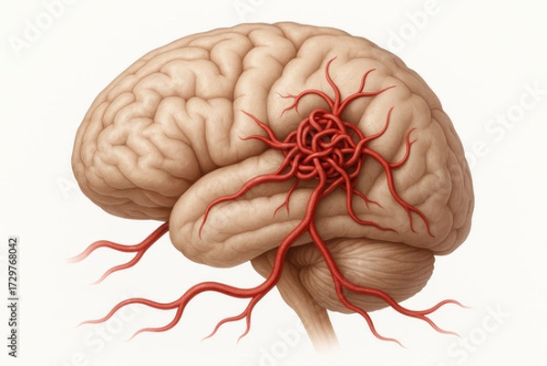 Obraz Illustration of a human brain with a tangled cluster of arteries, indicating a potential aneurysm or vascular malformation, against a plain white background.