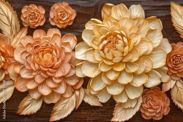 Fototapeta Ornate, detailed floral carvings in warm peach and beige tones, arranged on a dark wooden surface.