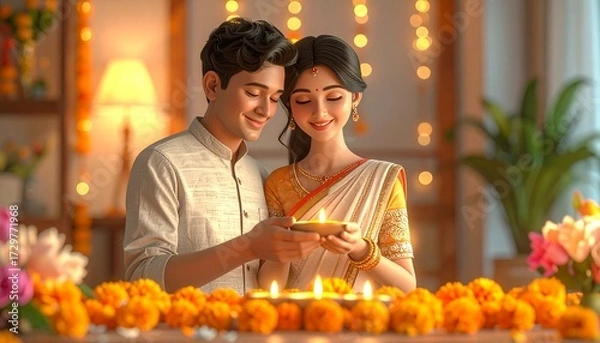 Obraz Festive 3D render of couple decorating home with diyas and flowers under glowing lights, perfect Diwali celebration theme for greeting cards, posters, and seasonal designs