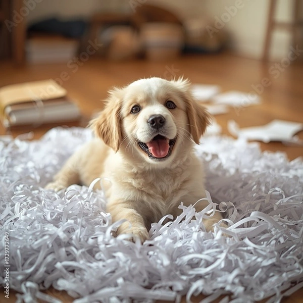 Fototapeta golden retriever puppy sitting on the floor