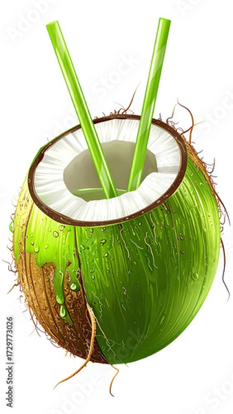 Fototapeta Fresh coconut drink with two straws