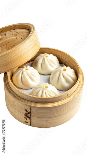 Fototapeta Four steamed buns, nestled in a bamboo steamer basket.  A light, creamy-colored dough, with subtle dimples and a slightly domed shape, are visible.  The steamer is a light tan color