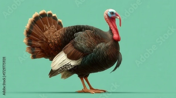 Fototapeta Full-body cartoon turkey with elegant feathers on plain background