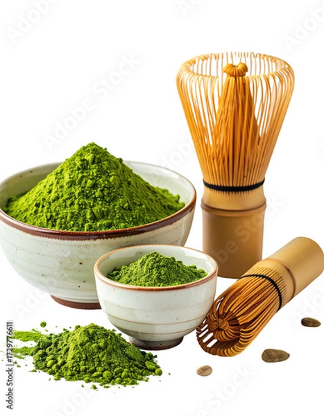 Fototapeta Matcha powder in bowls with a bamboo whisk