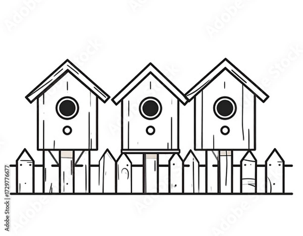 Fototapeta Three simple birdhouses on a picket fence, outlined in black
