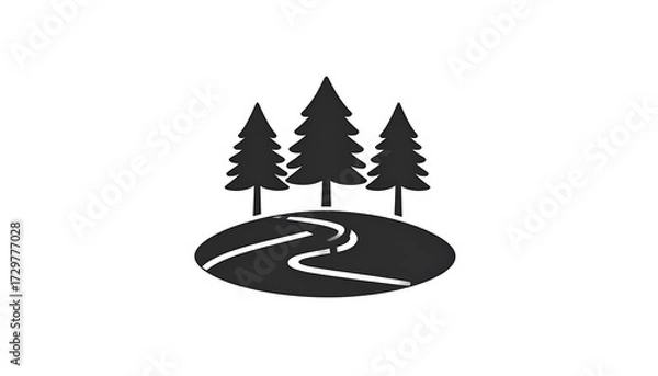 Fototapeta Silhouette of a winding road through a forest.  Three dark evergreen trees at the top.  Road meanders across a dark circular area