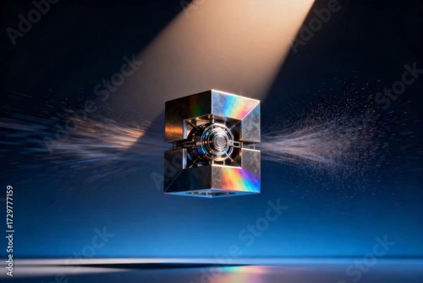 Fototapeta Floating metallic cube with rainbow reflections and dynamic light beams in a dark environment