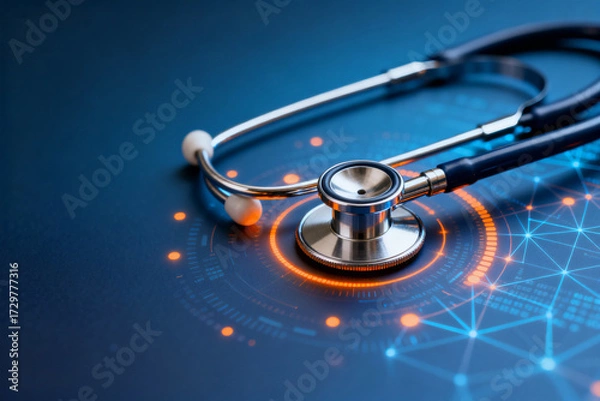 Fototapeta Stethoscope on a digital interface with glowing network patterns, symbolizing modern healthcare technology