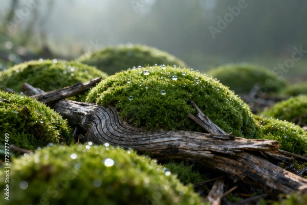 Fototapeta Moss-covered rocks with dew drops and fallen wood in a misty forest setting