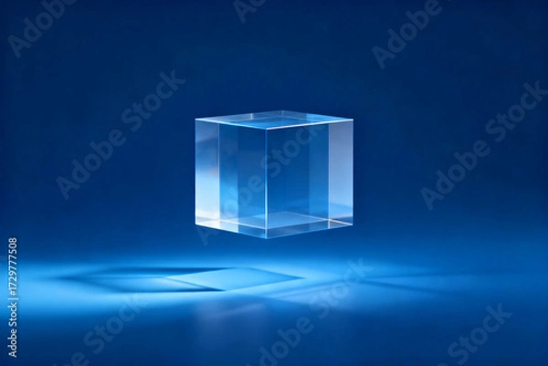 Fototapeta Transparent glass cube floating on a blue gradient background with light reflections