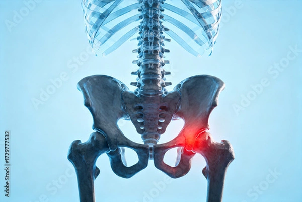 Fototapeta Human skeletal structure highlighting hip joint with red pain indicator