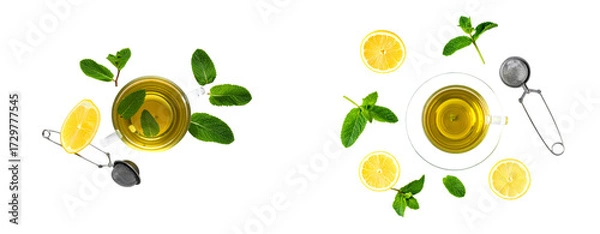 Fototapeta Set of Minimal Tea Cup Flat Lay with Herbs