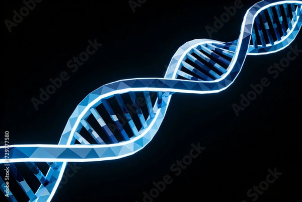 Fototapeta A stylized digital representation of a DNA double helix with a blue, geometric design against a dark background.