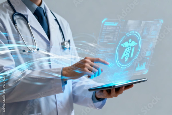Fototapeta Doctor interacting with a futuristic holographic medical interface on a tablet