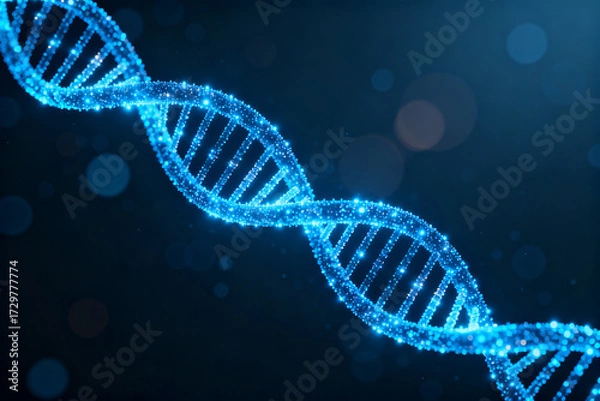 Fototapeta A glowing blue DNA double helix structure against a dark background with bokeh effects