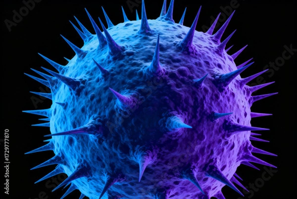 Fototapeta 3D rendering of a virus particle with spiky surface under blue and purple lighting
