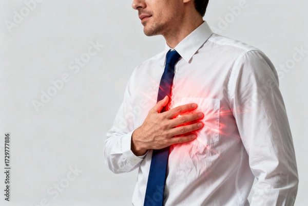 Fototapeta Man in formal attire holding chest with red glow indicating heart pain or discomfort