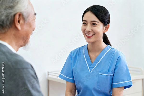 Fototapeta A female healthcare professional in blue scrubs smiling while interacting with an elderly patient in a clinical setting.