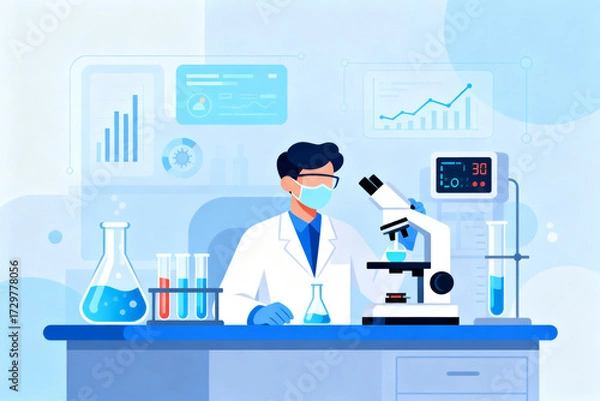 Fototapeta Scientist working in a laboratory with microscope and chemical equipment