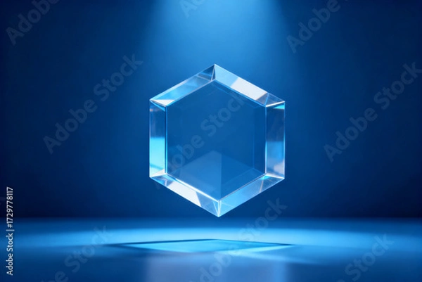 Fototapeta A transparent hexagonal crystal floating in a blue-lit environment with a reflective surface below.