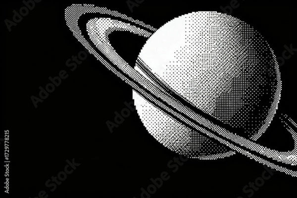 Fototapeta Pixelated depiction of Saturn with its prominent rings against a black background