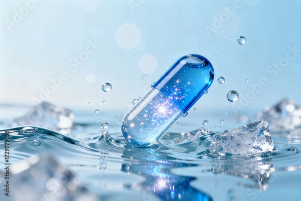 Fototapeta Blue capsule floating on water with droplets and ice fragments