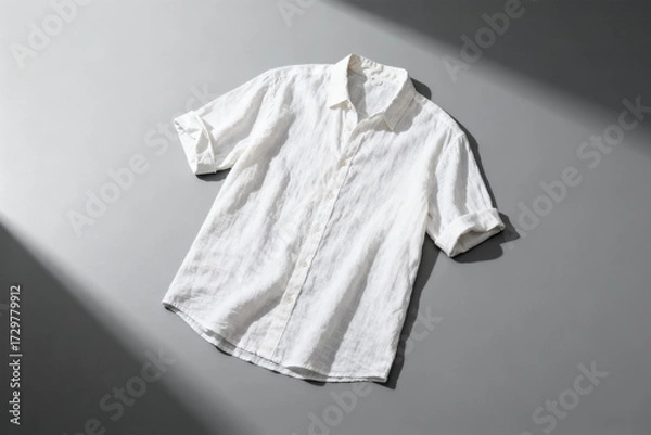 Fototapeta White short-sleeved button-up shirt laid flat on a neutral surface with soft shadows.