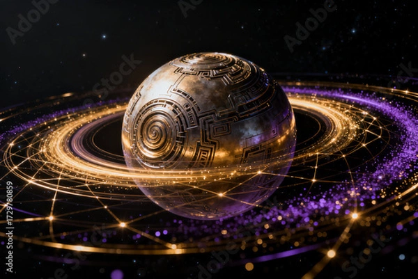 Fototapeta A futuristic metallic planet with intricate patterns and glowing rings set against a starry cosmic background