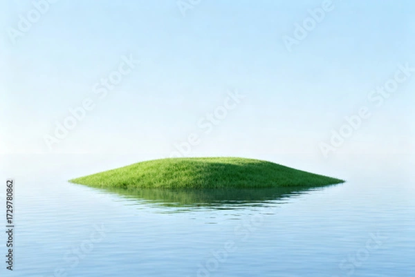 Fototapeta A small green island floating on calm water under a clear blue sky