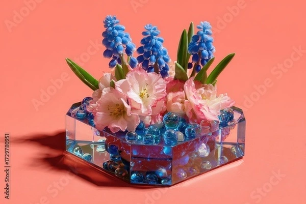 Fototapeta A vibrant arrangement of pastel pink and deep blue flowers in a geometric, clear glass vase sits against a coral backdrop, showcasing the interplay of colors and shapes.