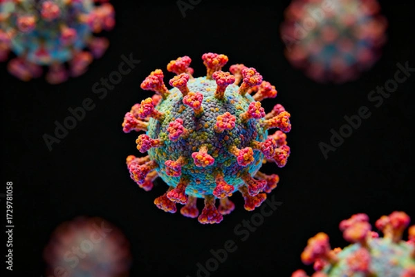 Fototapeta Colorized microscopic view of a virus particle with surface spike proteins