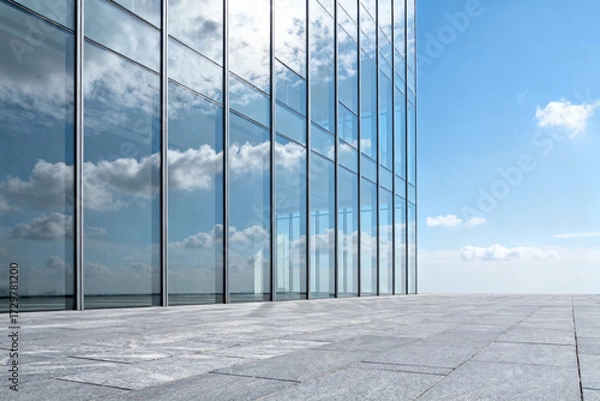 Fototapeta Modern glass building facade reflecting blue sky and clouds on a clear day