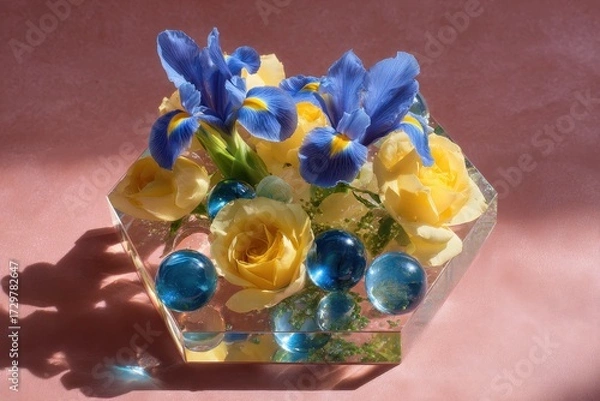 Fototapeta A vibrant floral arrangement, featuring pastel yellow roses and vibrant blue irises, is artfully displayed within a clear acrylic hexagonal vase.
