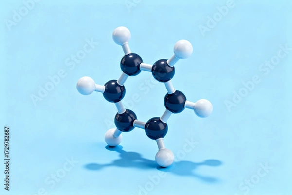 Obraz 3D molecular model of benzene ring with black and white atoms on blue background