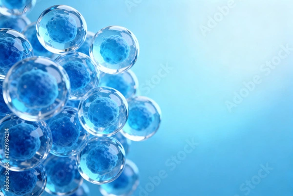 Obraz Transparent blue gel beads clustered together against a soft blue gradient background