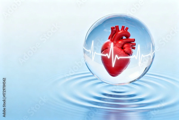 Fototapeta A red human heart enclosed in a transparent sphere with an electrocardiogram line, floating on water with ripples against a light blue background.
