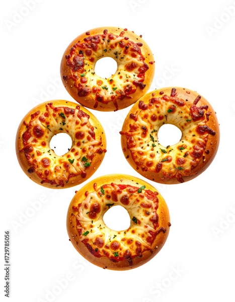 Fototapeta Four mini pizza bagels arranged in a symmetrical pattern.  Melted cheese and red sauce are visible on each bagel