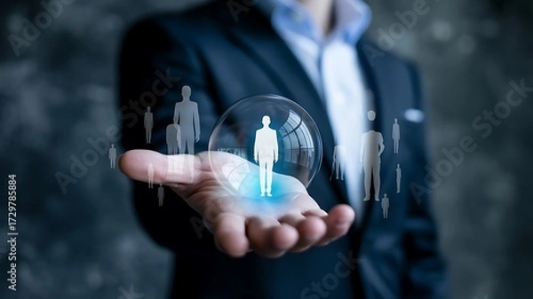 Obraz Businessman holding bubble with human icon, talent management concept