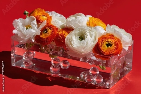 Fototapeta A rectangular, clear acrylic vase holds a vibrant arrangement of orange and white ranunculus flowers, creating a captivating display against a deep red background.