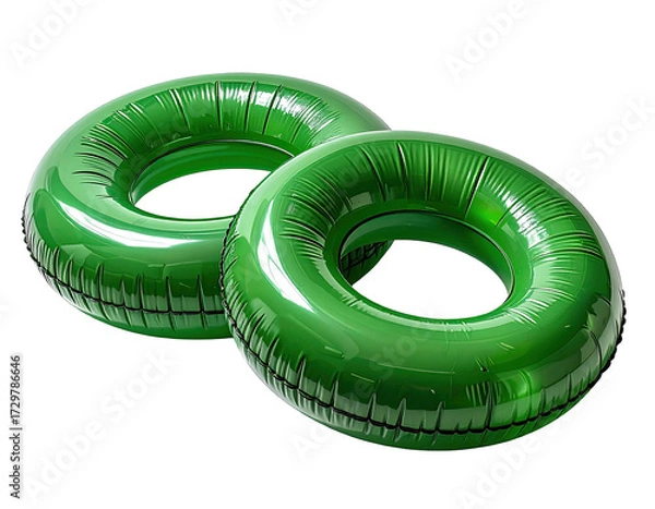 Fototapeta Two bright green inflatable rings, overlapping slightly,  isolated on black