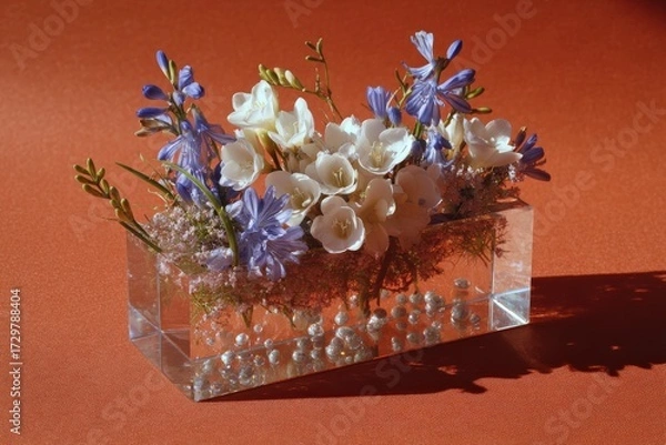 Fototapeta A contemporary floral arrangement in a rectangular, clear acrylic vase, featuring white freesias and blue flowers, sits on a terracotta background.
