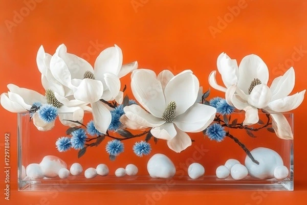 Fototapeta A rectangular glass vase displays a serene arrangement of white magnolias and delicate blue flowers, set against a vibrant orange backdrop.