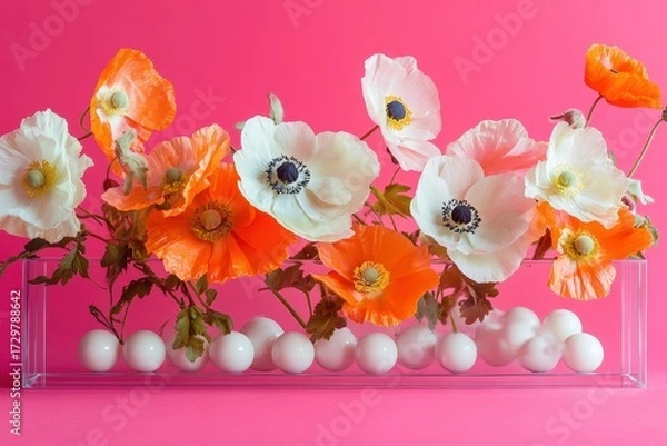 Fototapeta Vibrant orange and white poppies and anemones arranged in a clear acrylic box filled with decorative spheres against a hot pink backdrop.