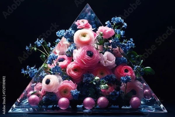 Fototapeta A triangular, clear glass vase showcases a vibrant arrangement of pink and blue flowers, including ranunculus and forget-me-nots, accented by delicate pink spheres.