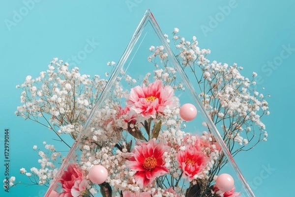 Fototapeta A triangular, transparent container holds a vibrant arrangement of delicate dried flowers, pink blooms, and small, pastel-colored spheres against a soft, light blue backdrop.