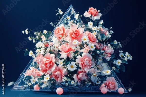 Fototapeta A triangular display of pastel-colored flowers, delicate and vibrant, arranged in a clear, geometric frame against a deep navy backdrop.